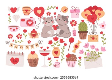 Kittens and love romantic elements for valentine's day collection. Cute vector hand drawn flat style illustration set isolated on white background. 