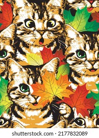 Kittens with maple leaves seamless pattern. Autumn vector illustration.