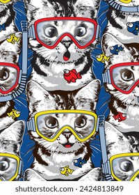 Kittens in mask with snorkel with funny fish seamless pattern. Marine vector illustration.