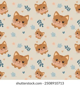 Kittens pattern. Cute children's seamless pattern with kittens. Endless pattern with little cats, hearts and natural elements