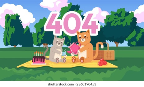 Kittens in picnic cute chill lo fi wallpaper error 404 flash message. Drinking tea in park. Page not found cartoon characters illustration, lofi anime background. 90s kawaii aesthetic, dreamy vibes