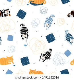 Kittens play with the mouse, on a white background. Simple childish design seamless pattern. Hand drawn vector illustration.