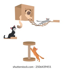 kittens playing in a cat playground. vector illustration.