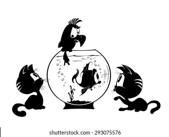 kittens playing with fish and parrot