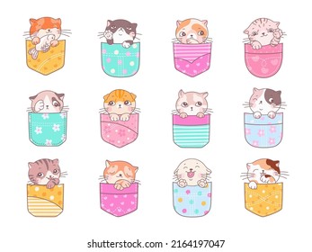 Kittens in pockets. Kawaii pocket kitten, happy cute little cat t-shirt prints. Emotional cats face, baby playful design. Adorable nowaday vector cartoon animals svg