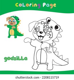 Kittens and puppies in Halloween costumes. printable coloring page for toddlers. Cute Halloween illustration. Vector outline for coloring page.