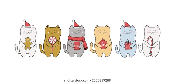 Kittens in Santa hats with sweets. Lollipops, gingerbread man and Christmas ball. Christmas, New Year. Festive attributes. Cartoon cat icons. Vector illustration.