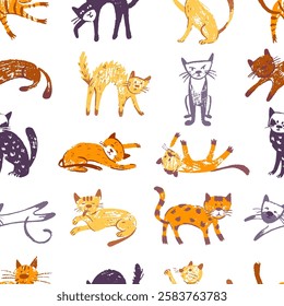 Kittens seamless pattern. Crayon drawing cats print design. Primitive cat style template for different fabric, wallpaper, webpage, neoteric vector background