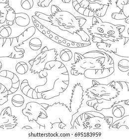 Kittens seamless pattern. Cute little cats background. Animals cartoon. Coloring page outline of cartoon. Vector illustration, coloring book for kids. Doodle page. Children background