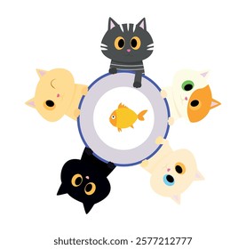 Kittens are seated around a plate with one goldfish. Vector drawing.