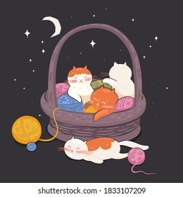 Kittens sleep in a basket with balls of threads. Vector graphics.