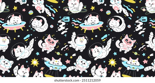 Kittens in a spacesuit on a spaceship flying among the stars in the galaxy. Seamless childish pattern on a black background. Cute, fluffy white cats. Space theme, astronauts. Vector illustration.