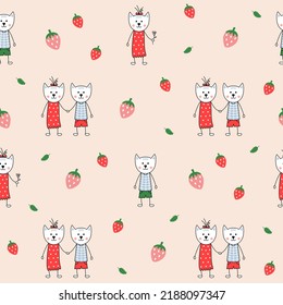 Gatitos y fresas. Gracioso dibujo vectorial. Gatos estilizados con flores en un fondo rosado.