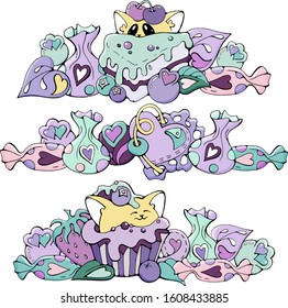 Kitties with hearts, chocolates and berries, cute vector doodle stock illustration set, isolated color print for menu, greeting /invitation card, book, t-shirt, fabric, stickers, web design or apps