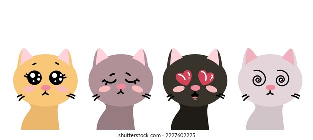 Kitties with various cute eyes and blush on cheeks vector set. Cat cartoon characters with blush on cheeks showing different emotions isolated on white background. Animals, childhood concept