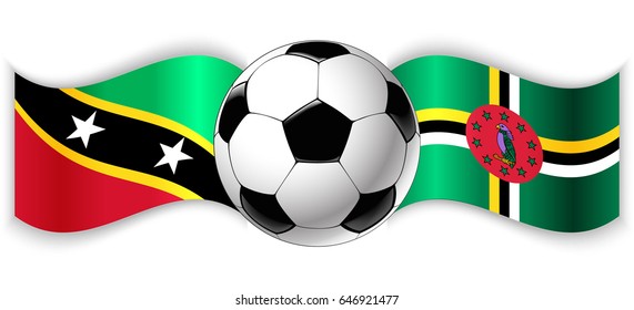 Kittitian and Dominican wavy flags with football ball. Saint Kitts and Nevis combined with Dominica isolated on white. Football match or international sport competition concept.
