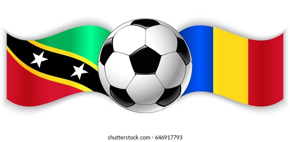 Kittitian and Romanian wavy flags with football ball. Saint Kitts and Nevis combined with Romania isolated on white. Football match or international sport competition concept.