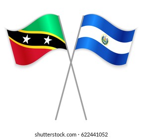 Kittitian and Salvadoran crossed flags. Saint Kitts and Nevis combined with El Salvador isolated on white. Language learning, international business or travel concept.