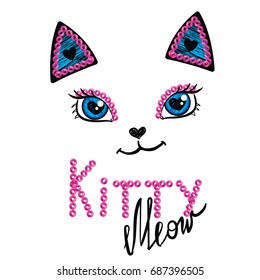 Cara gitana sobre fondo blanco con texto escrito a mano, secuencias rosas sobre los ojos, oídos. Qué elegante ilustración. Diseño de gatos Pussy para camisetas childisgh. 