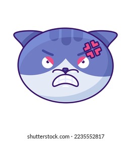 Kitty angry reaction expression face emoji vector. Cat domestic animal evil mad face bares teeth. Crazy smile with negative emotion. Mammal pet upset emoticon flat cartoon illustration