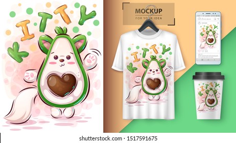 Kitty avocado poster and merchandising. Vector eps 10