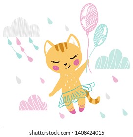 Kitty baby girl cute print. Sweet cat flying on balloons among clouds with ballet tutu, pointe, shoes. Cool animal illustration for nursery wallpaper, t-shirt, kids apparel, birthday card. Girly desig