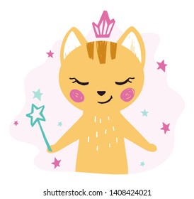 Kitty baby girl cute print. Sweet cat with magic wand, crown. Cool animal illustration for nursery t-shirt, kids apparel, birthday card, invitation. Simple child design