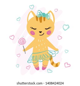 Kitty baby girl cute print. Sweet cat with sweet lollipop, ballet skirt, crown. Cool animal illustration for nursery wallpaper, t-shirt, kids apparel, birthday card. Simple girly design with heart