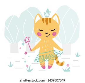 Kitty baby girl cute print. Sweet cat with magic wand, crown, ballet tutu, pointe shoes in forest. Cool animal illustration for nursery wallpaper, t-shirt, kids apparel, birthday card. Girly design