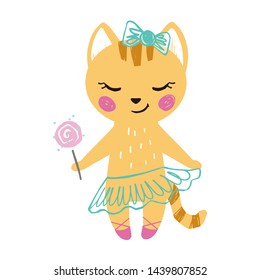 Kitty baby girl cute print. Sweet cat with sweet lollipop, ballet skirt, bow. Cool animal illustration for nursery t-shirt, kids apparel, birthday card, invitation. Simple child design