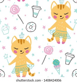 Kitty baby girl cute seamless pattern. Sweet cat with magic wand sweets, lollipop, coffee, ice cream, tutu. Cool animal illustration for nursery t-shirt, kids apparel, baby print. Simple child design