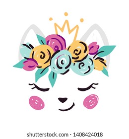 Kitty baby girl face cute print. Sweet cat princess head with flower and crown. Cool animal illustration for nursery, t-shirt, kids apparel, birthday card, invitation. Simple girly child design