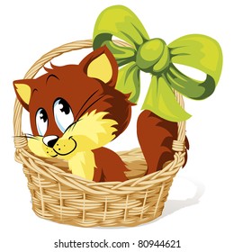 kitty in basket with ribbon