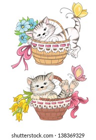 Kitty and bouquet of flowers in basket