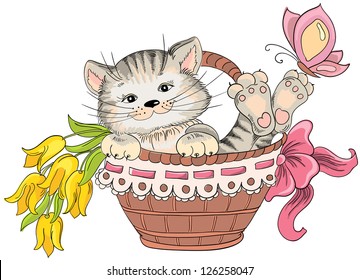 Kitty and bouquet of flowers in basket. Vector hand drawing