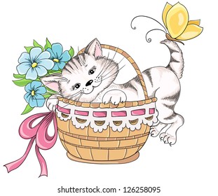 Kitty and bouquet of flowers in basket. Vector hand drawing