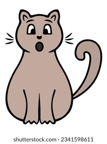 Kitty. Brown cat with a surprised muzzle. Color vector illustration. Mustachioed animal with tail raised up. Cartoon style. Cute pet. Isolated background. Idea for web design.