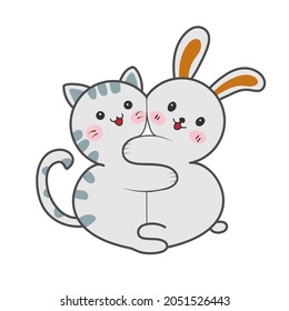 Kitty and bunny hug. children's funny picture for books, applications and creative design. Flat style.
