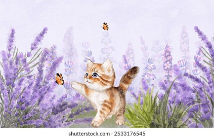 Gatito y mariposas en el campo de lavanda