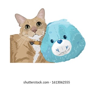 Kitty cat blue bear hug orange cat cute animal pet illustration drawing