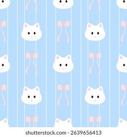 Kitty Cat bow  on blue background,fabric pattern , gift wrapping paper , seamless pattern 