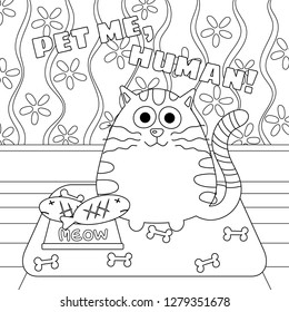 Kitty cat with fish in food bowl vector illustration. Cute kitty cartoon colorless. Meditation coloring page. Coloring page for kid. 