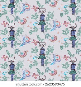 Kitty cat Floral retro pattern