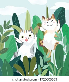 Kitty cat having fun in the garden cartoon,cute cat jumping in greenery park.