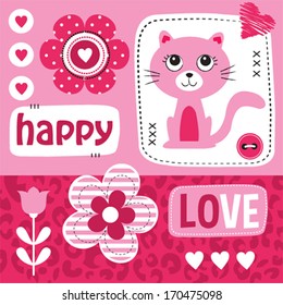 kitty cat love happy valentine invitation card vector illustration