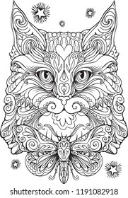 Kitty Cat Moth Bow Coloring Book Vector Page