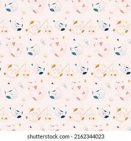 Kitty cat seamless pattern with paws. Cute colorful kitten meow cartoon drawing design for postcards and kid fabric