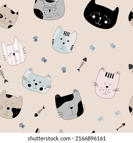 Kitty cat seamless pattern with paws. Cute colorful kitten meow cartoon drawing design for postcards and kid fabric
