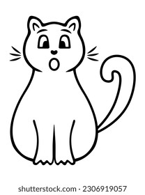 Kitty. A cat with a surprised face. Sketch. Vector illustration. Mustachioed animal with tail raised up. Doodle style. Coloring book for children. Cute pet. Outlines on an isolated background. 