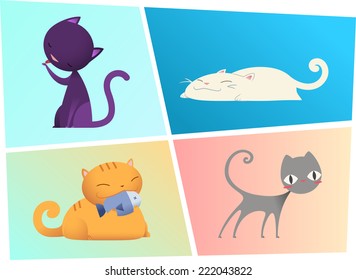 Kitty Cats kitten cat kit pussycat vector illustration, with violet cat, white cat, orange cat and grey cat vector illustration. 
